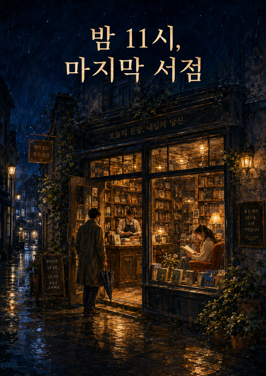 비 내리는 골목의 따뜻한 서점. 문 앞 방문객과 서점 주인, 창가에서 책을 읽는 손님이 보인다.